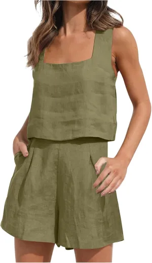 ZDRZK 2 Piece Shorts Set For Women Summer 2023 Trendy Sleeveless Crop Tank Top And High Waisted Shorts Romper Outfits