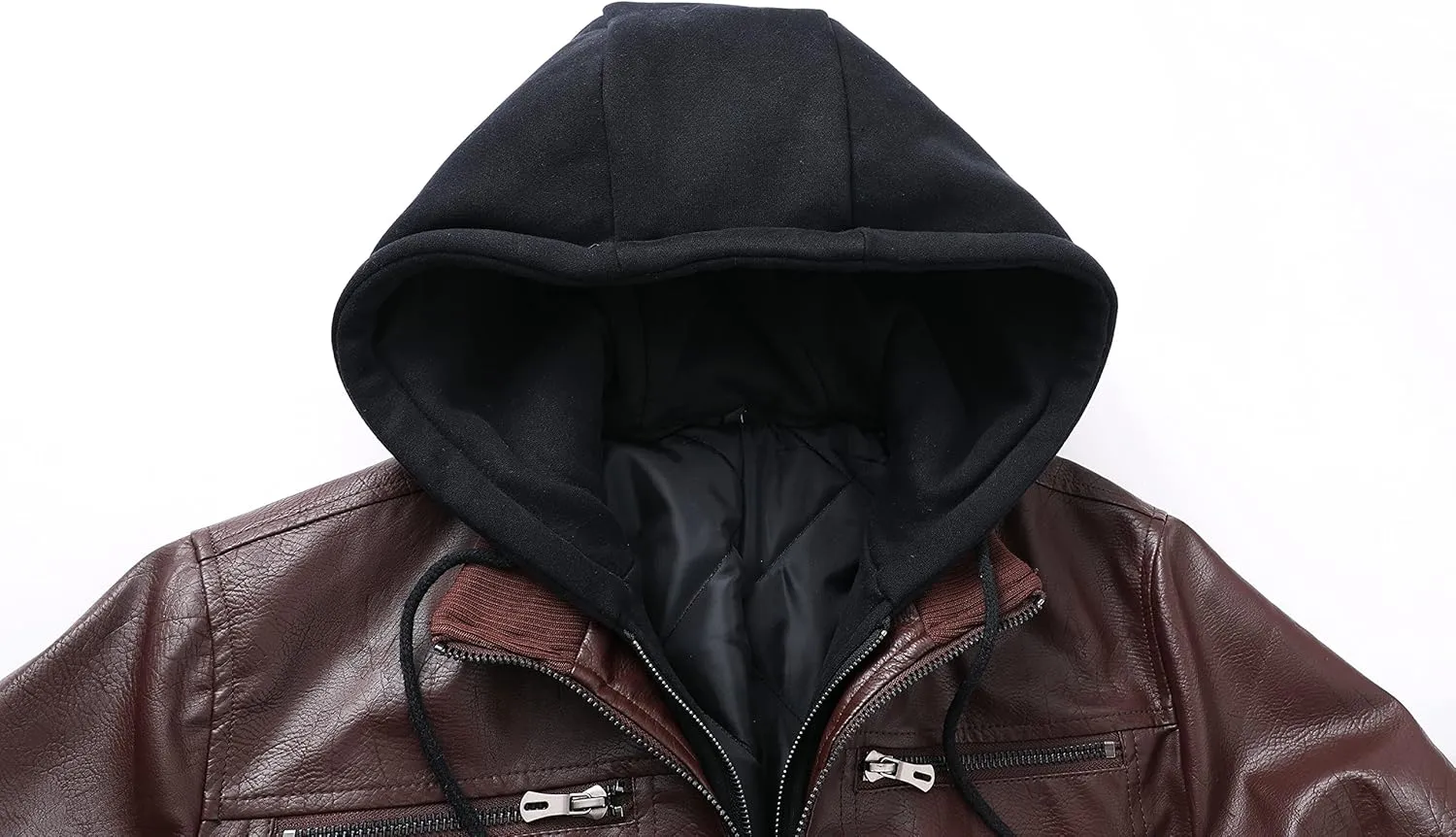 ZENTHACE Mens Full-Zip Faux Leather Hooded Motorcycle Jacket Outdoor Wear Coat