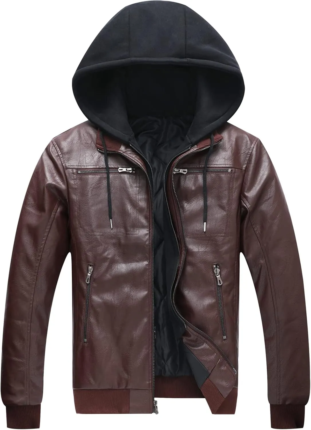 ZENTHACE Mens Full-Zip Faux Leather Hooded Motorcycle Jacket Outdoor Wear Coat