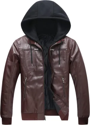 ZENTHACE Mens Full-Zip Faux Leather Hooded Motorcycle Jacket Outdoor Wear Coat